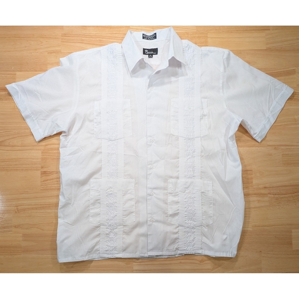 Omega Fashion Mens White Guayabera Shirt Short Sleeve Embroidered 2X 18-18.5